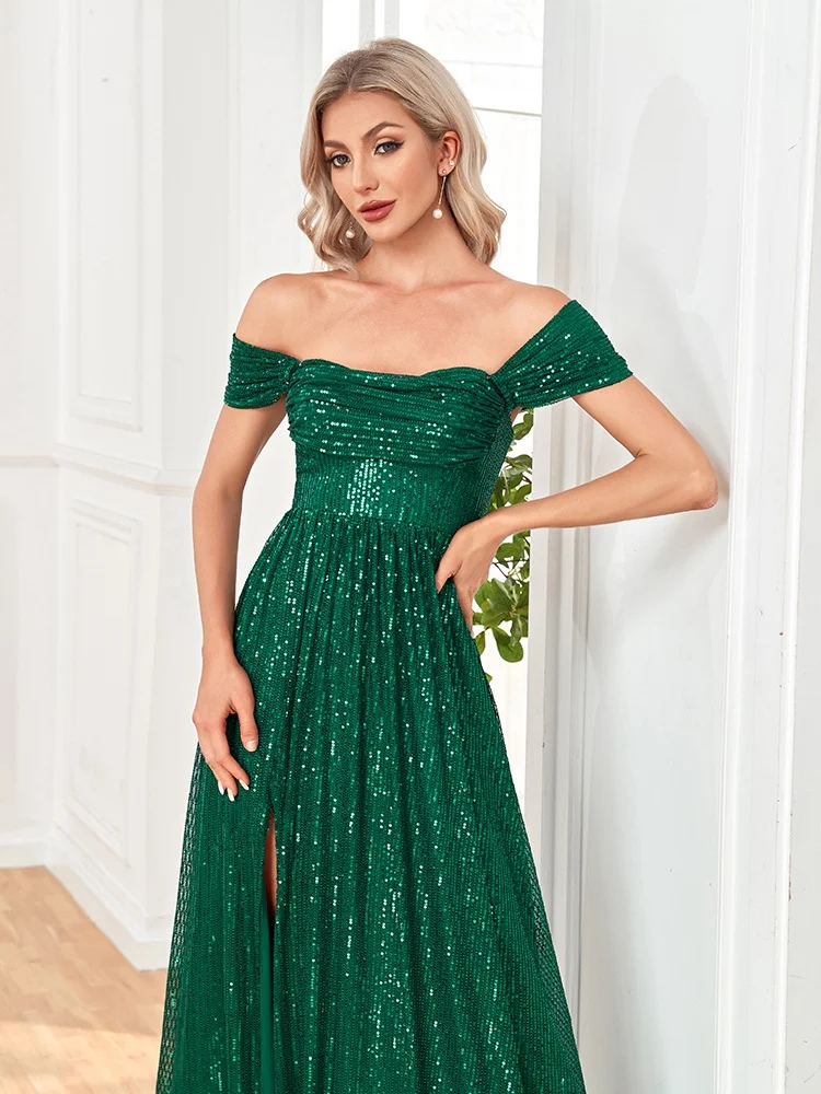 Wedding Dress Wedding Guest Dresses for Women Popular Card Shoulder Straight Collar A-line Slit Dinner Dress Long Dress Women Beads