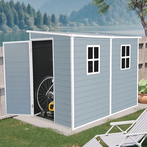 4x8 ft Outdoor Resin Storage Shed with Floor and 2 Windows, Lockable Double Door Resin Sheds with Vents, Waterproof Garden Shed for Backyard, Patio