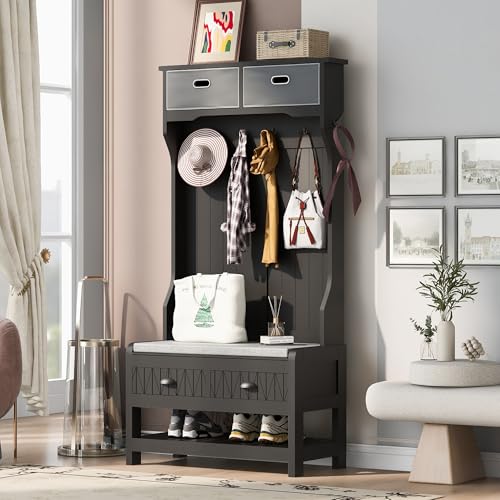 60" Hall Tree with Bench and Shoe Storage, 3-in-1 Entryway Ottoman with Coat Rack and Adjustable Shelf for Mudroom,Hallway, Easy Assembly,Black