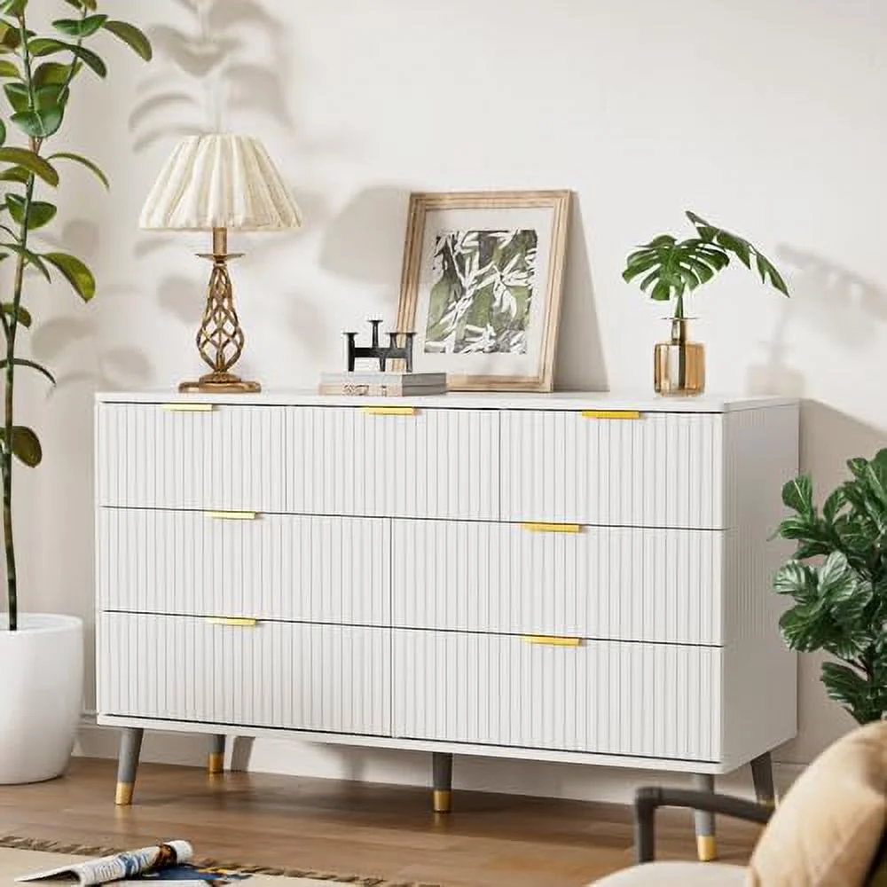 7 Drawer Dresser for Bedroom  Fluted White and Gold Dresser with Curved Profile Design   Dresser Wood  Dressers &amp