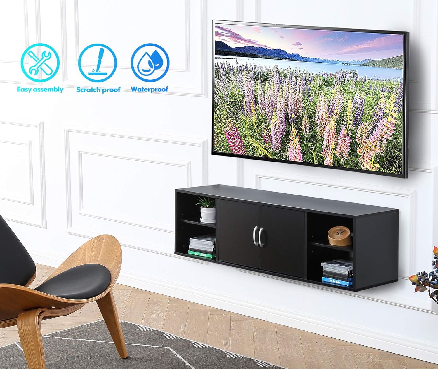 FITUEYES Wall Mounted Desk Hutch with Door, Modern Floating Console Media Cabinet，HT310401WB