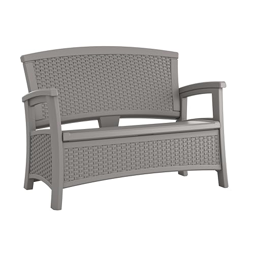 Suncast Elements Stylish Lightweight Loveseat Outdoor Seating with Convenient Built In Universal Storage, and All Weather Plastic, White