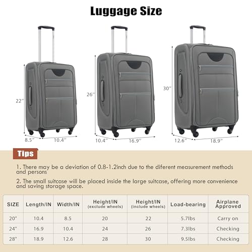 Merax Suitcase Set Softside 3-Piece Expandable Luggage with TSA Lock Spinner Wheels Lightweight Upright Luggage with Travel Bag(22/26/30 IN