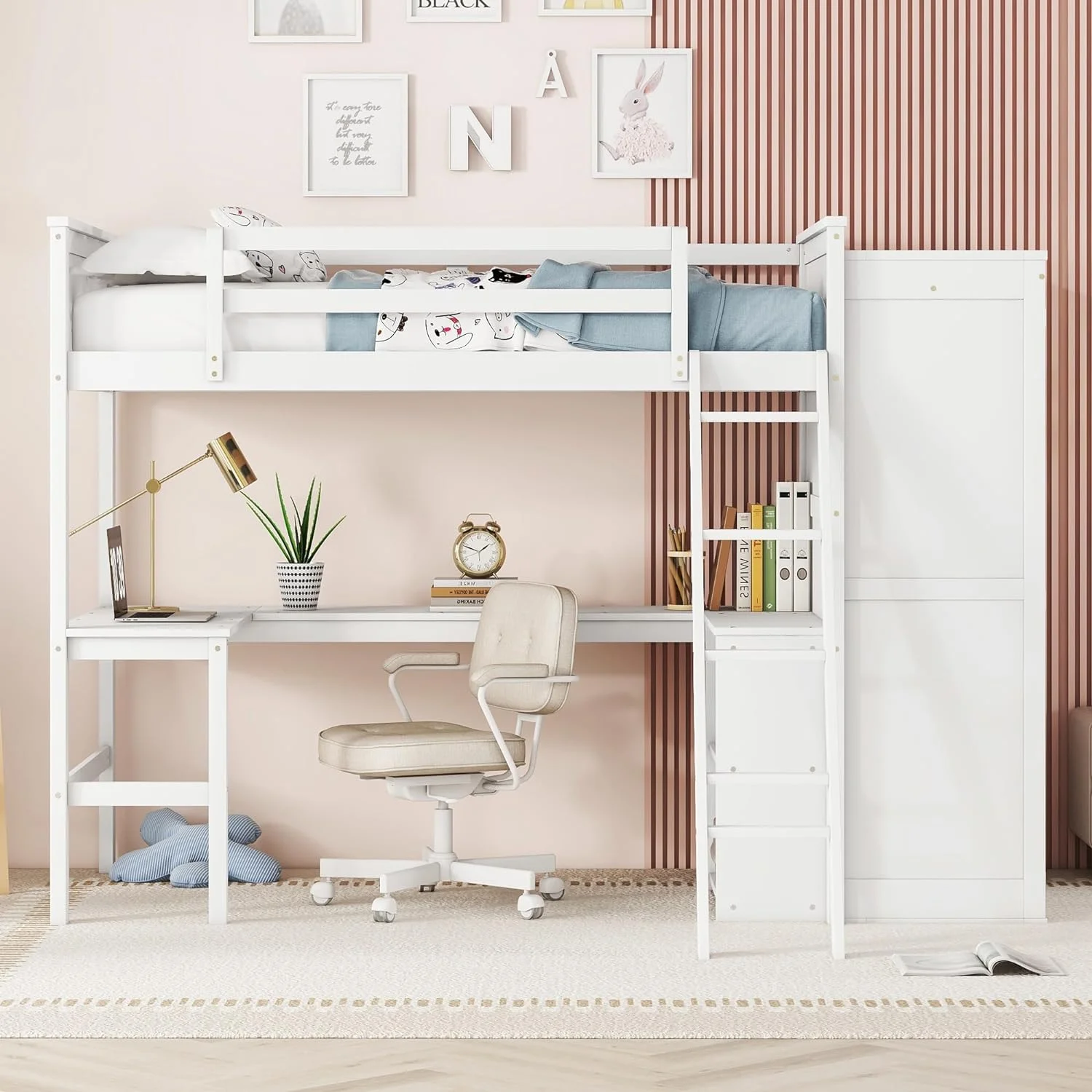 Lof Bed Wih Wardrobe Ad Desk, Wood Size Lof Bed Wih Desk Udereah Ad Sorage Shelves, Lof Bed Wih Close For Kids Boys Girls ees,Whie