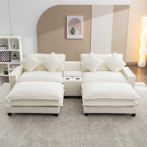Sectional Couches for Living Room, Sectional Sofa Comfy Sofa Couch with 2 Removable Ottoman & 2 USB Ports, Built-in 2 Cup Holders and Storage Box