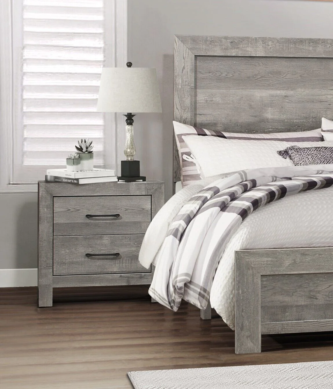 Modern 5pc Bedroom Set Queen Size Bed Dresser Nightstand Mirror Chest Transitional Gray Finish Rustic Style