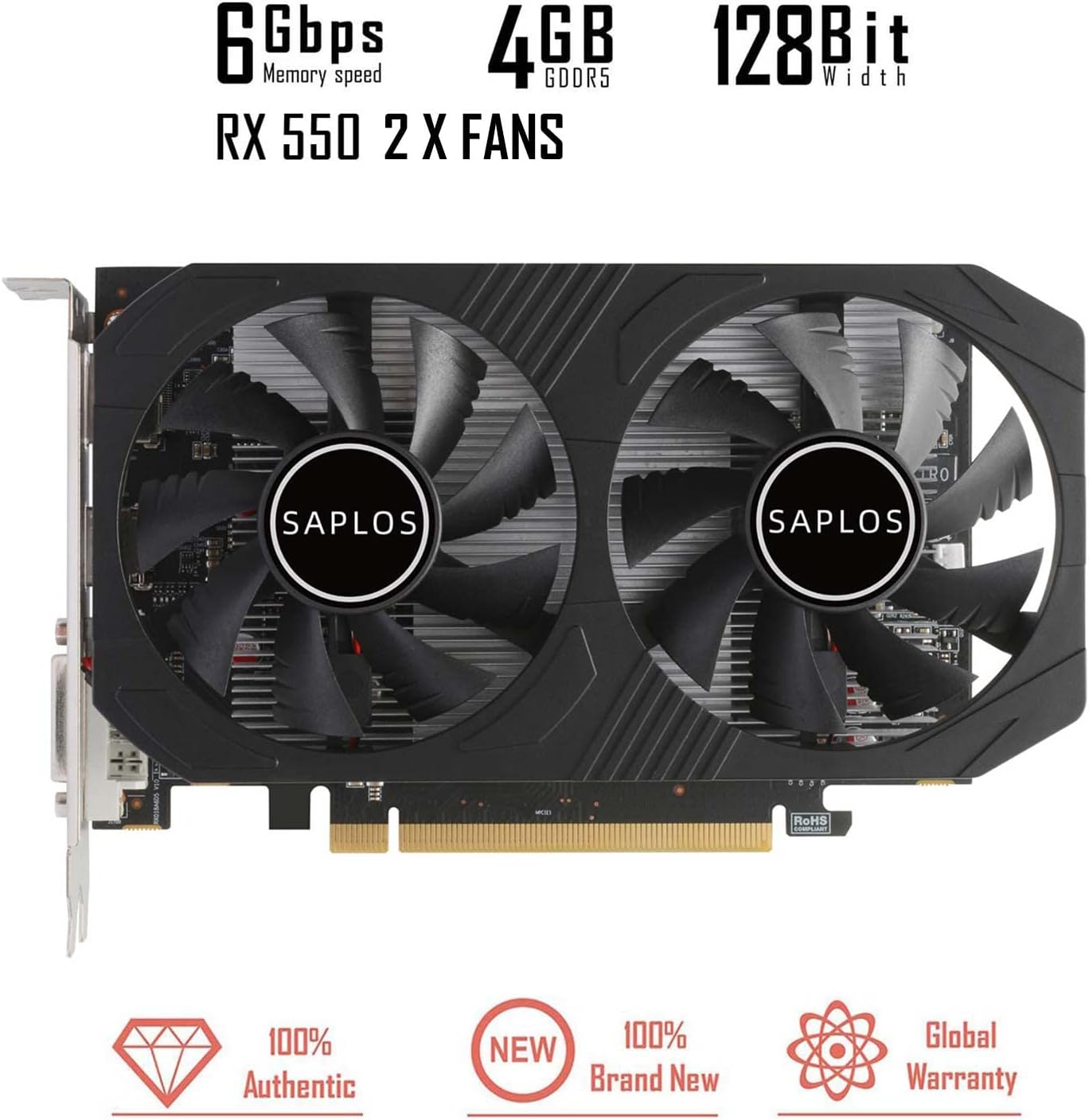 SAPLOS Radeon RX 550 Low Profile Graphics Card, 4GB, GDDR5, 128-bit, VGA/DVI-D/HDMI, Video Card for PC Gaming, 4k@60Hz Output, Computer GPU