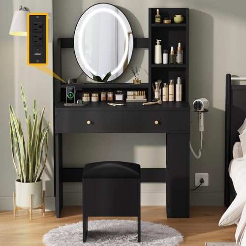 DWVO Vanity Desk with Mirror and Lights, Makeup Vanity Table Set with Power Outlets and Chair, 3 Lighting Colors