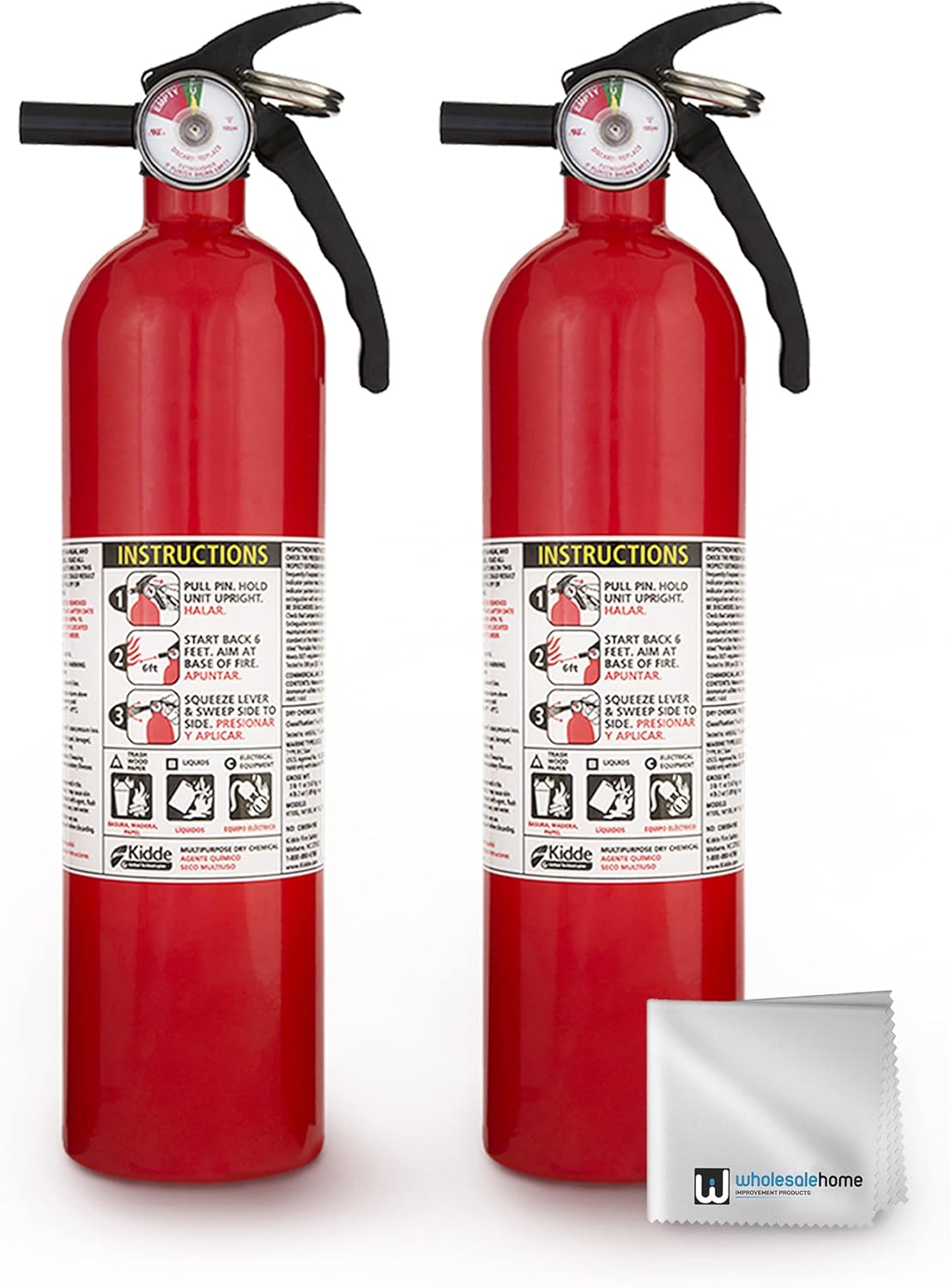 Kidde FA110 Multipurpose Fire Extinguishers 2 Pack - Red, (Rating 1-A:10-B:C) Includes Wholesalehome Cleaning Cloth Pack of 2