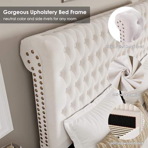 King Size Bed Frame 54" Tall Headboard with Gorgeous Button Tufted and Nail, Velvet Fabric Upholstered Bed Frame includes 4 Under-bed Storage Drawers