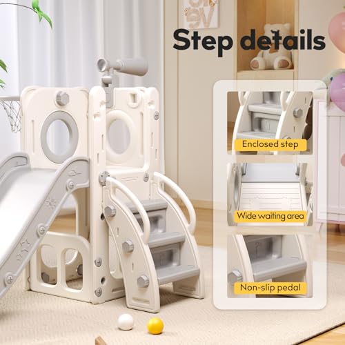 6 in 1 Toddler Playset with Slide, Kids Slide with Basketball Hoop, Ball, Ring Toss, Indoor Outdoor Toys (White Grey)