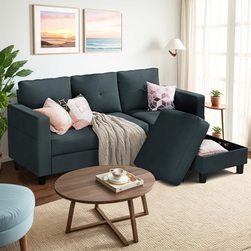 Shintenchi Upholstered Convertible Sectional Sofa for Living Room, 3 Seat L Shaped Couches with Storage Function Ottoman
