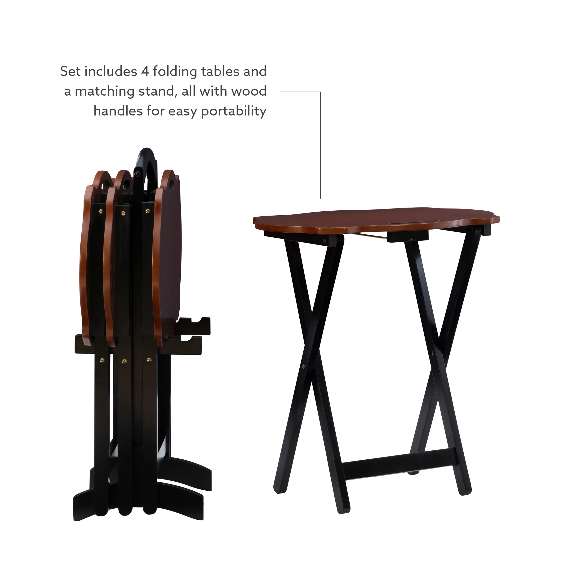 Powell Serpentine 5-Piece Indoor Folding Side Table, Snack, or TV Tray Set with Stand, 26" Tall, Hazelnut/Black