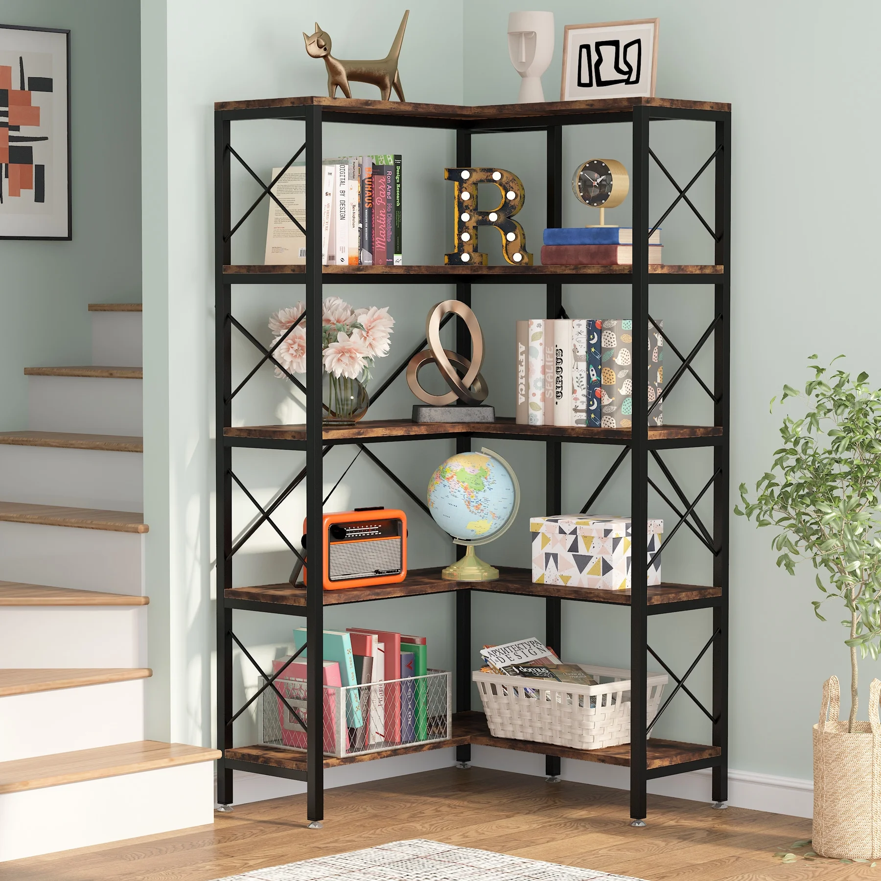 Tribesigns 5-Tier Bookshelf, Modern Corner Bookcase, Tall Corner Shelf Open Display Rack for Living Room Home Office, Rustic Brown