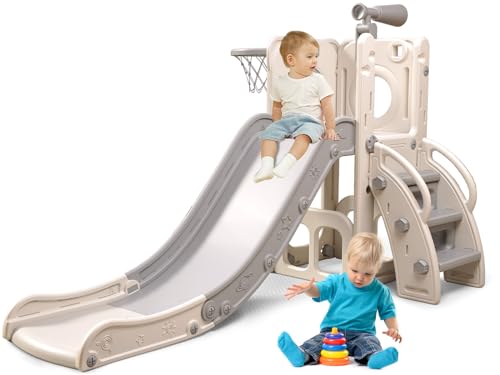 6 in 1 Toddler Playset with Slide, Kids Slide with Basketball Hoop, Ball, Ring Toss, Indoor Outdoor Toys (White Grey)