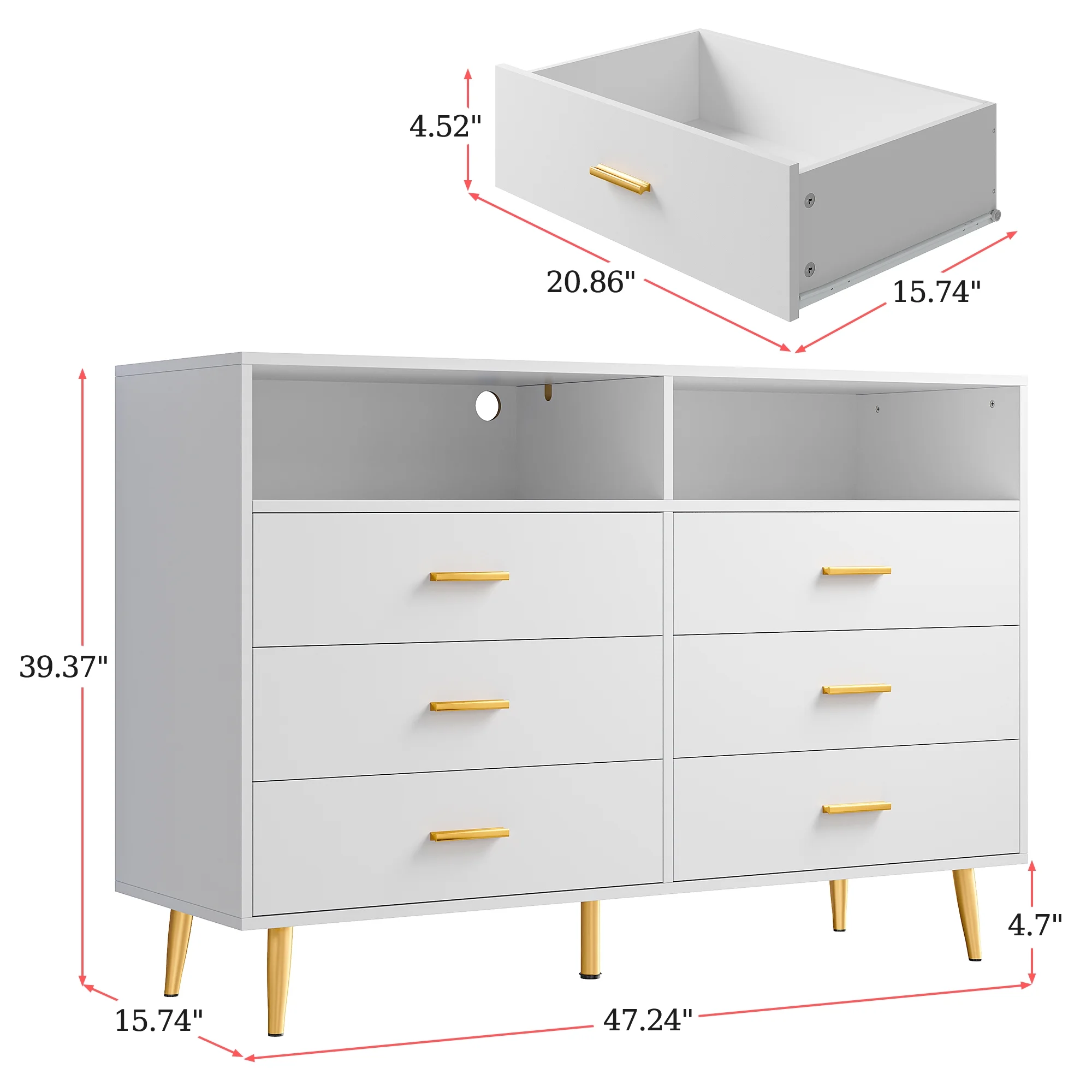 EnHomee Dresser, White Dresser with 6 Deep Drawers, Drawer Dresser with LED Lights, TV Stand Dressers & Chests of Drawers Wood Dresser for Bedroom