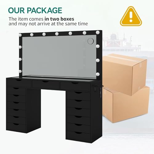 Vanity Desk with Mirror and Lights, Makeup Table with Charging Station, 3 Color Lighting Modes, 15 Drawers Dressing Table