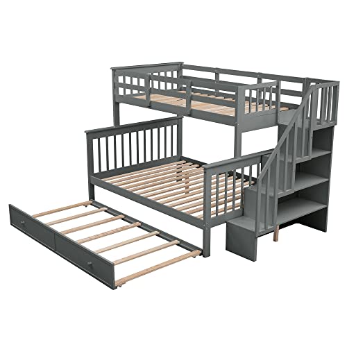 Ball & Cast Full Over Full Bunk Bed with Twin Size Trundle and Built in 4 Drawer,Wood Bunkbed w/Storage Ladder & Slat Support