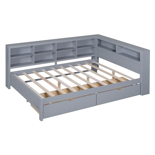 Twin Size Daybed with Bookcase and Drawers, L-Shape Daybed with USB Ports and Storage Headboard