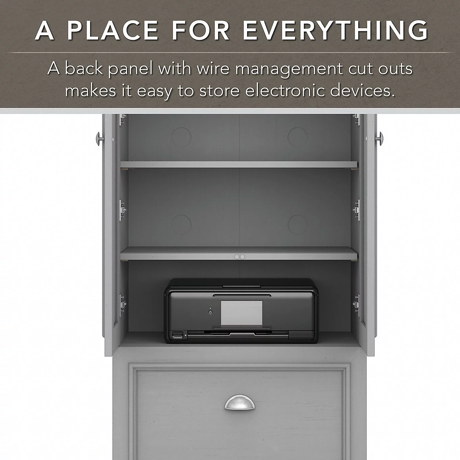 Bush Furniture Fairview Farmhouse Style 2 Door Storage Cabinet with 2 Adjustable Shelves and File Drawer in Cape Cod Gray