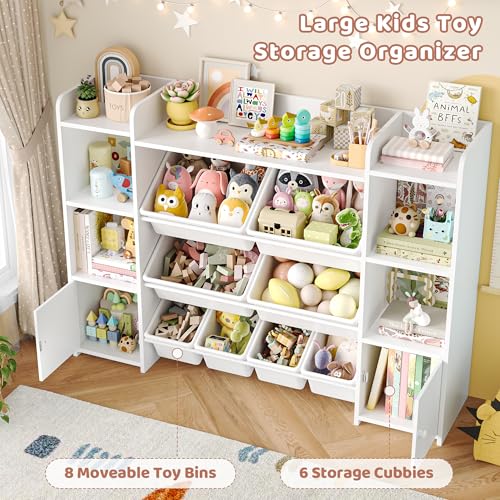 FOTOSOK 55''Large Toy Storage Organizer with 8 Toy Bins, Toy Organizers and Storage with Shelf and 6 Storage Cubbies, Bookshelf for Kids