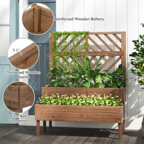 Raised Garden Bed with Trellis & 2 Planter Boxes, 2-Tier Outdoor Wooden Elevated Planter Box with Legs & Drainage Holes