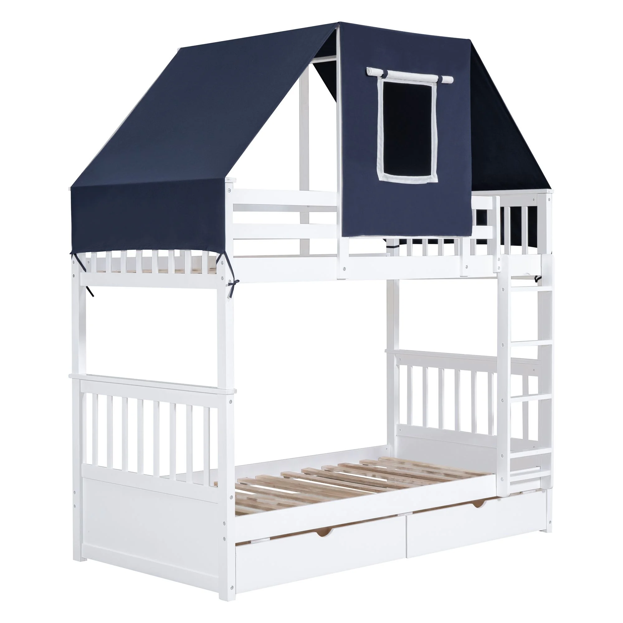 Twin Over Twin Bunk Bed with Tent and Drawers for Boys/Girls/Teens Bedroom, Wood Bed Frame with Safety Guardrail, No Box Spring Needed with Roof