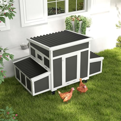 PawHut Wooden Chicken Coop, Chicken Tractor for 6 Chickens, Outdoor Poultry Cage Rabbit Hutch Duck Coop Hen House with Nesting Box, Tray, Windows