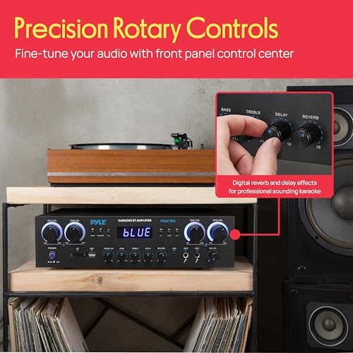 Pyle Bluetooth Home Audio Theater Amplifier Stereo Receiver- 4 Channel, 800 Watt Sound System w/ MP3,USB,SD,AUX,RCA,FM,MIC, Headphone, Reverb Delay