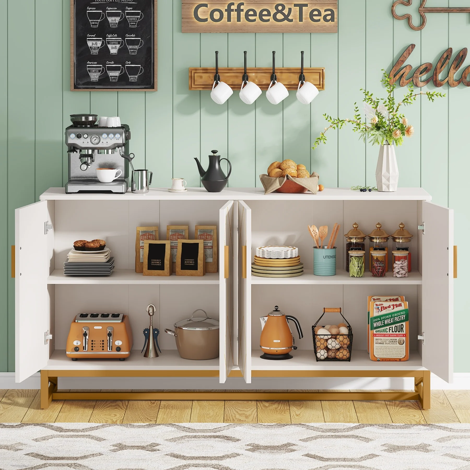 White Gold Buffet Cabinet with Storage Kitchen Sideboard Storage