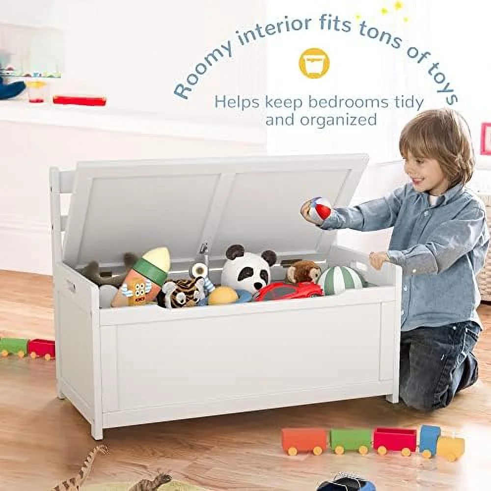 TJUNBOLIFE Toy Box Chest  White Rubber Wood Toy Box for Boys Girls  Large  Cabinet/Flip-Top Lid/Safety Hinge  Toy  Organizer Trunk for Nursery