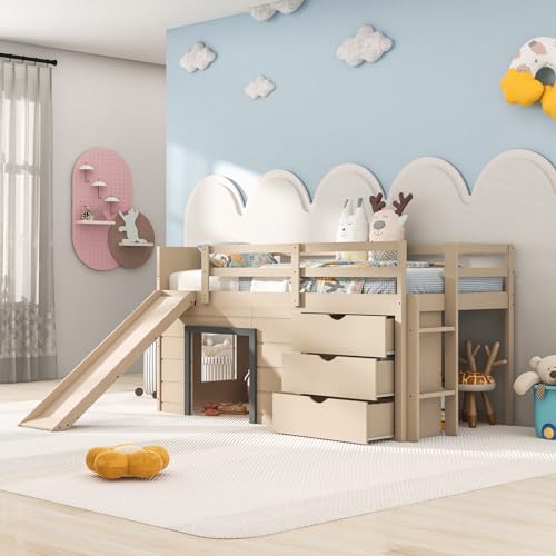 KOMFOTT Twin Low Loft Bed with 3 Storage Drawers & Underneath House, Wood Loft Bed with Slide, Ladder, Guardrails & Under-Bed Play Space