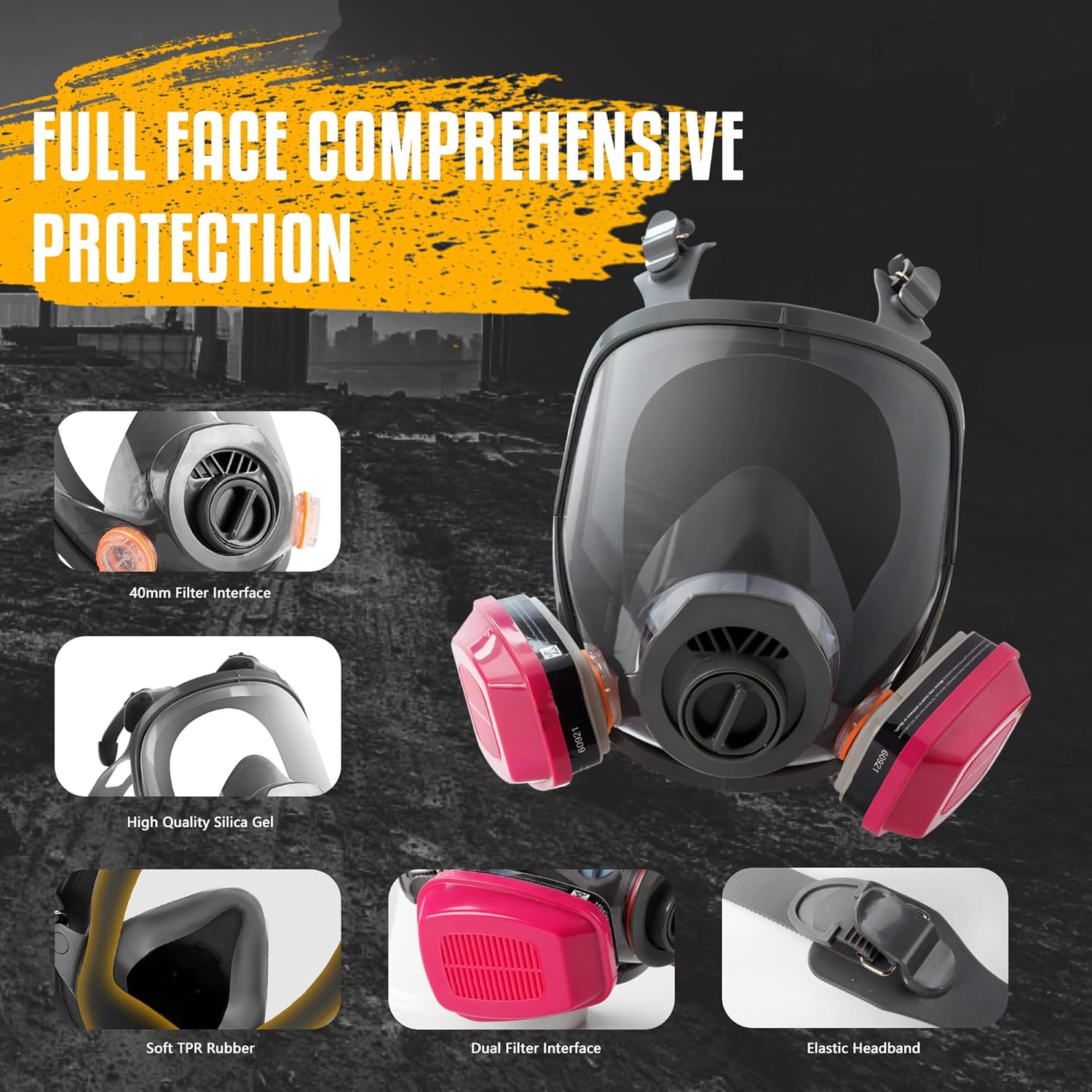 Gas Mask Respirator 4 Pack: Full Face Gas Masks Survival Nuclear and Chemical Reusable Respirator Mask with Filters 60921 & Activated Carbon 40mm