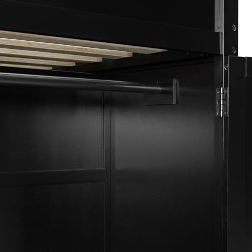 Modern Full Size Gaming Loft Bed with Built-in Desk and Storage Wardrobe, Wood Loft Bed Frame with Light Strip and 2 Drawers