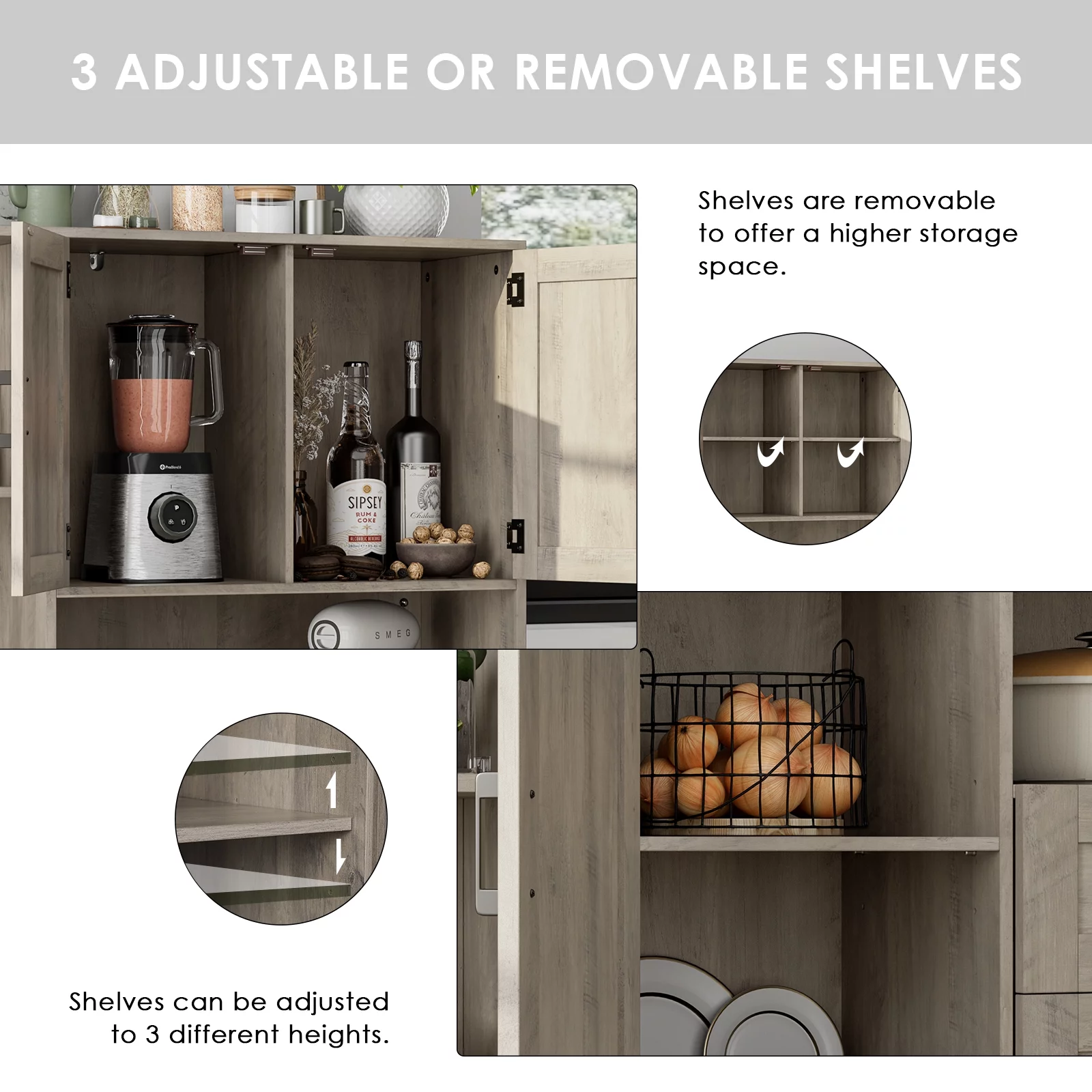Homfa Large Kitchen Pantry with Adjustable Shelves, Farmhouse Tall Storage Cabinet for Dining Room, Wash Gray