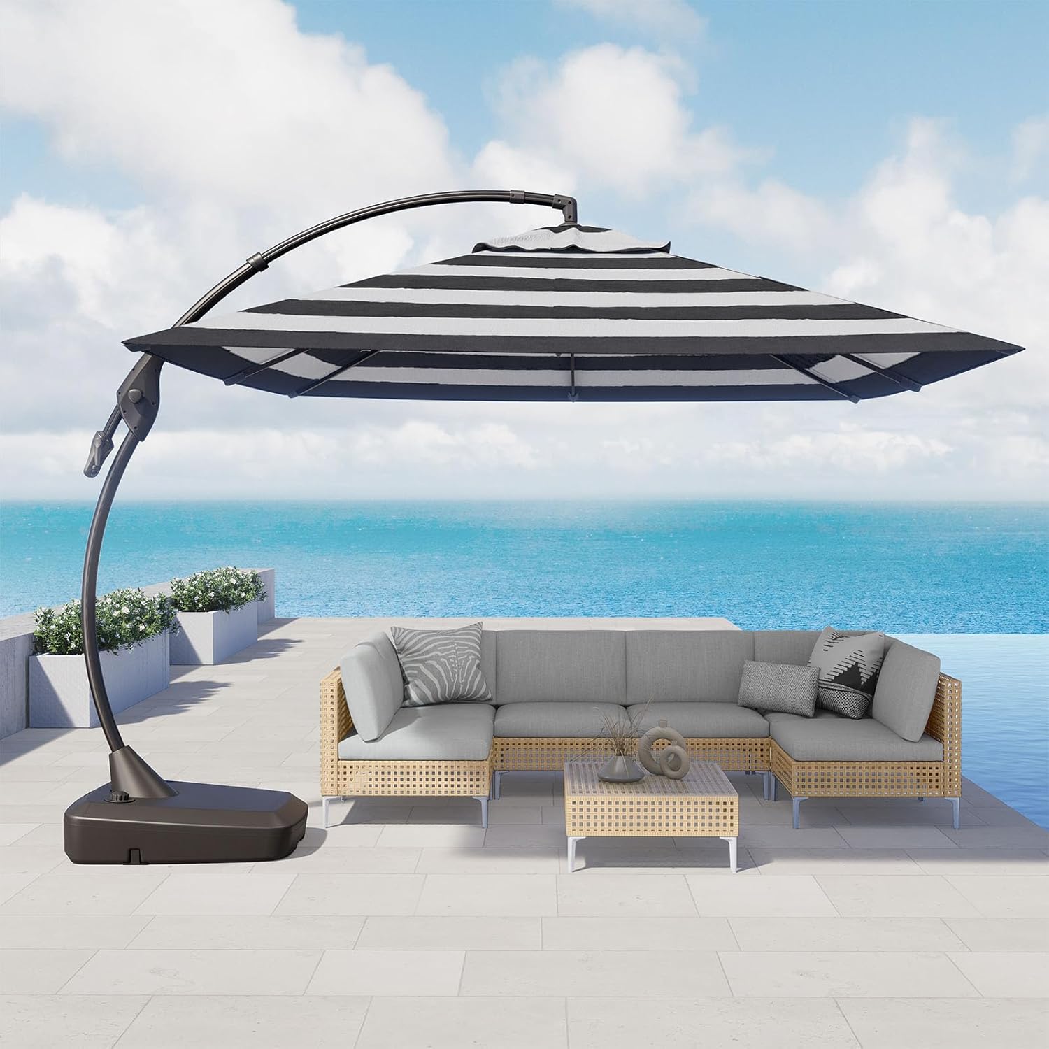 Grand patio 10'x10' Patio Offset Umbrella Aluminum Large Square Cantilever Umbrella Base Included for Deck Porch (Black & White, 10x10 FT)