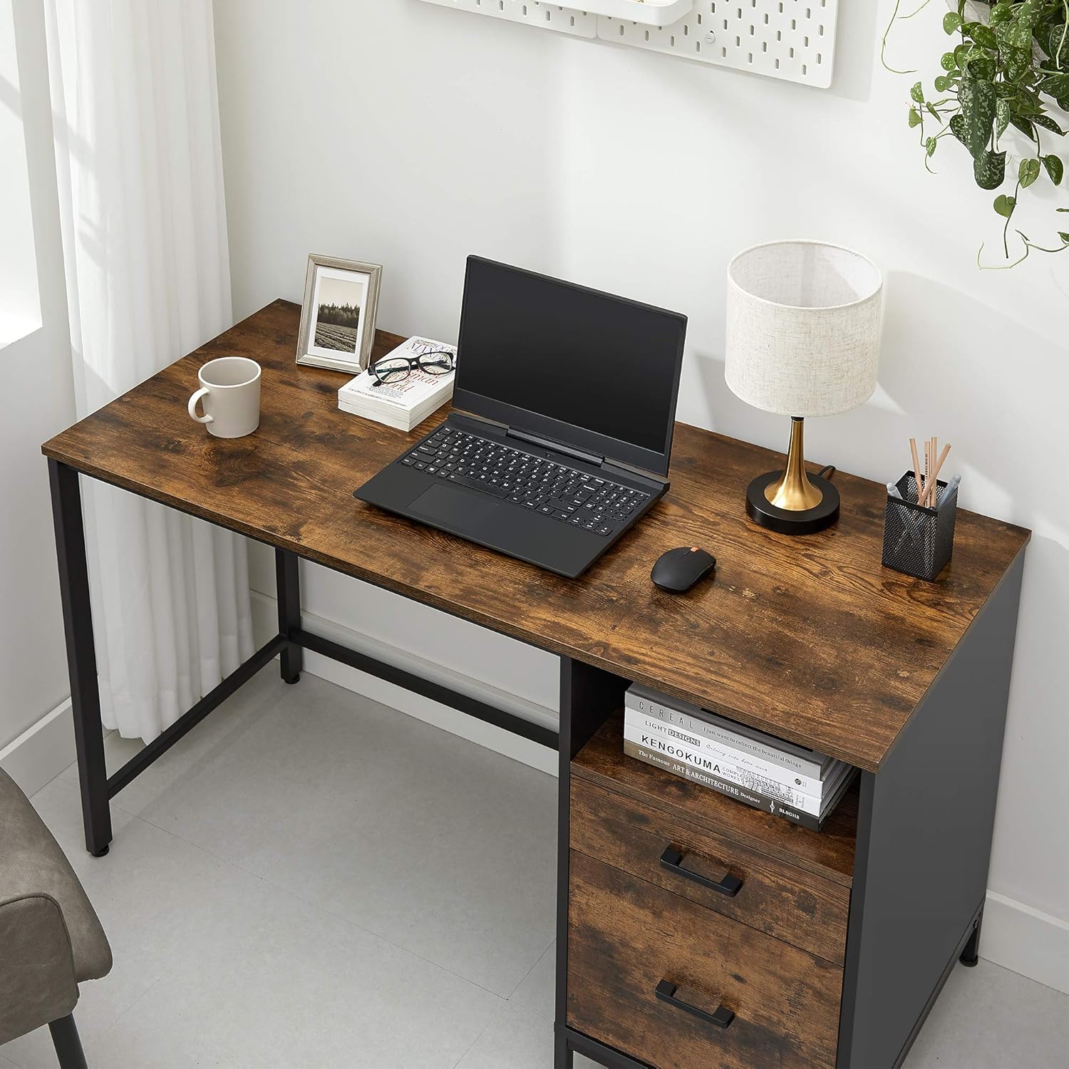 VASAGLE Computer Desk with Drawers, Writing Study Desk with File Cabinet, PC Desk for Home Office, Industrial Style, Rustic Brown and Black ULWD052B01