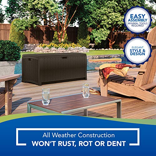 Suncast Outdoor Storage Box - 73 Gallon Mocha Brown Deck Box for Patio, Waterproof Outdoor Storage Bench, Resin Wicker Style, Heavy-Duty