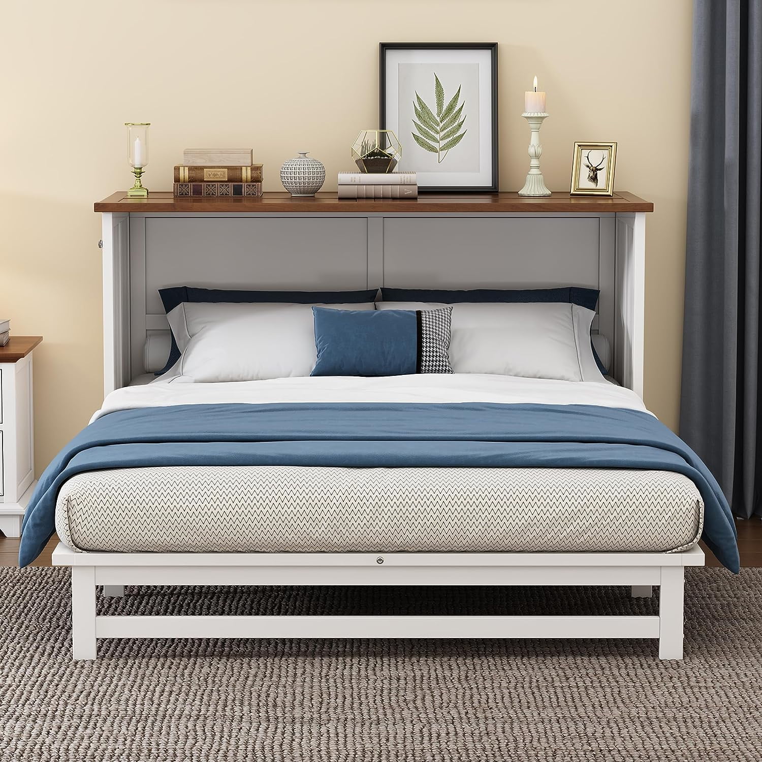 Tabaray Wood Murphy Bed Chest, Queen Size Foldable Platform Bed Frame with Charging Station and Large Storage Drawer