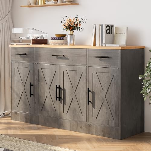 Shintenchi Buffet Cabinet with Storage,53.4" Large Kitchen Storage Cabinet with 3 Drawers and 4 Doors