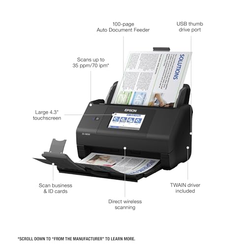 Epson Workforce ES-580W Wireless Color Duplex Desktop Document Scanner for PC and Mac with 100-sheet Auto Document Feeder (ADF) and Intuitive 4.3"