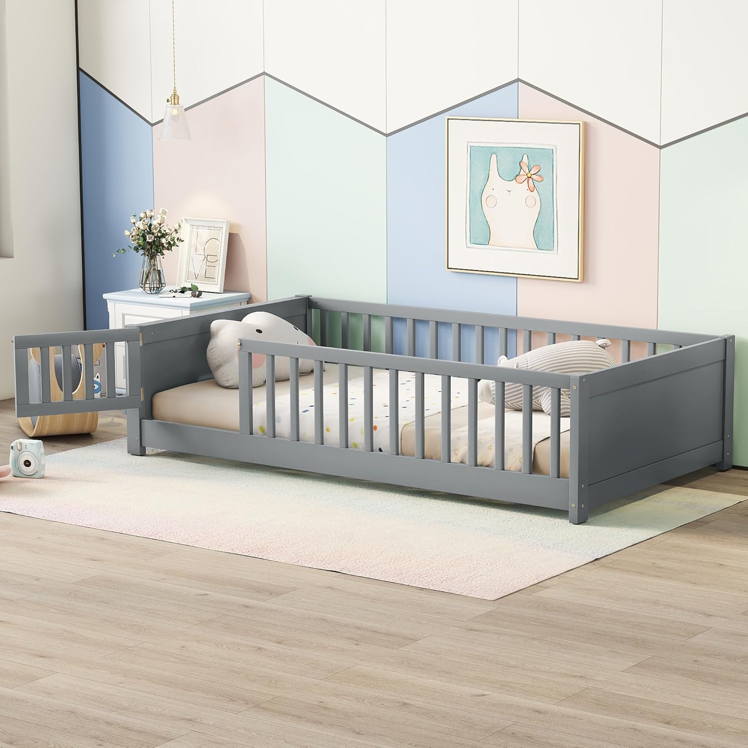 Bellemave Twin Size Floor Bed for Kids, Montessori Bed Frame with Safety Guardrails and Built-in Book Storage Rack