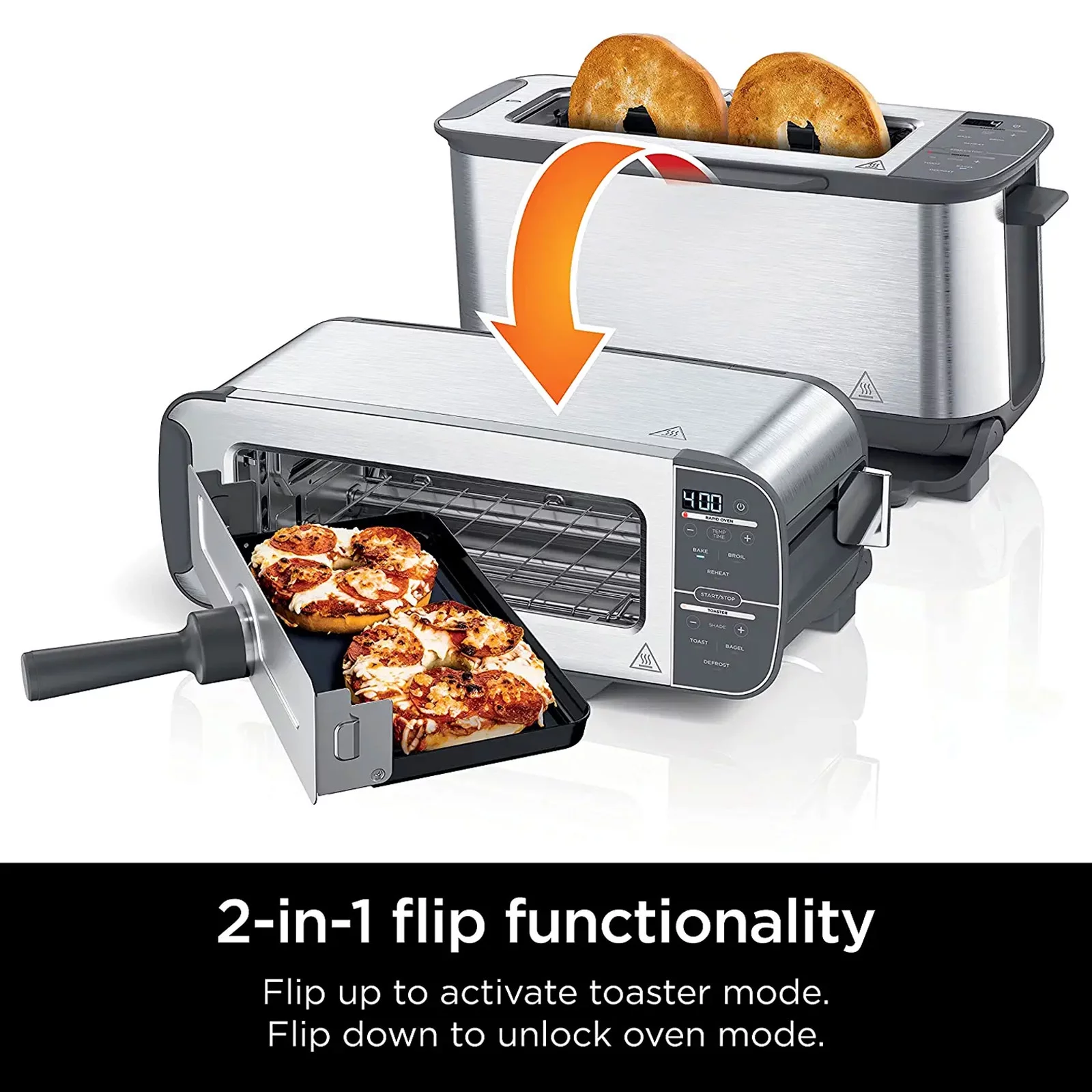 2-in-1 Flip Toaster Oven - Compact Toaster Oven for Reheat Defrost 2-Slice Capacity (Stainless Steel)