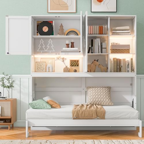 SOFTSEA Twin Murphy Bed with Storage Bookcase and Shelves, Horizontal Wall Bed with LED Light & Charging Stations, Space-Saving for Living Room