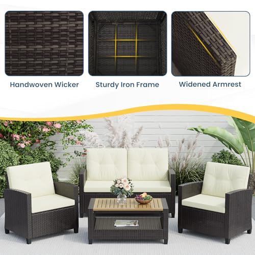 Wisteria Lane 4 Piece Outdoor Patio Furniture Sets, Wicker Conversation Set for Porch Deck, Gray Rattan Sofa Chair with Cushion
