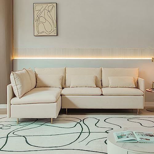 90.9 in L-Shaped Sectional Sofa, Cotton Linen 3-Seater Modular Modern Sofa Corner Couch with 3 Throw Pillows for Living Room, Bedroom