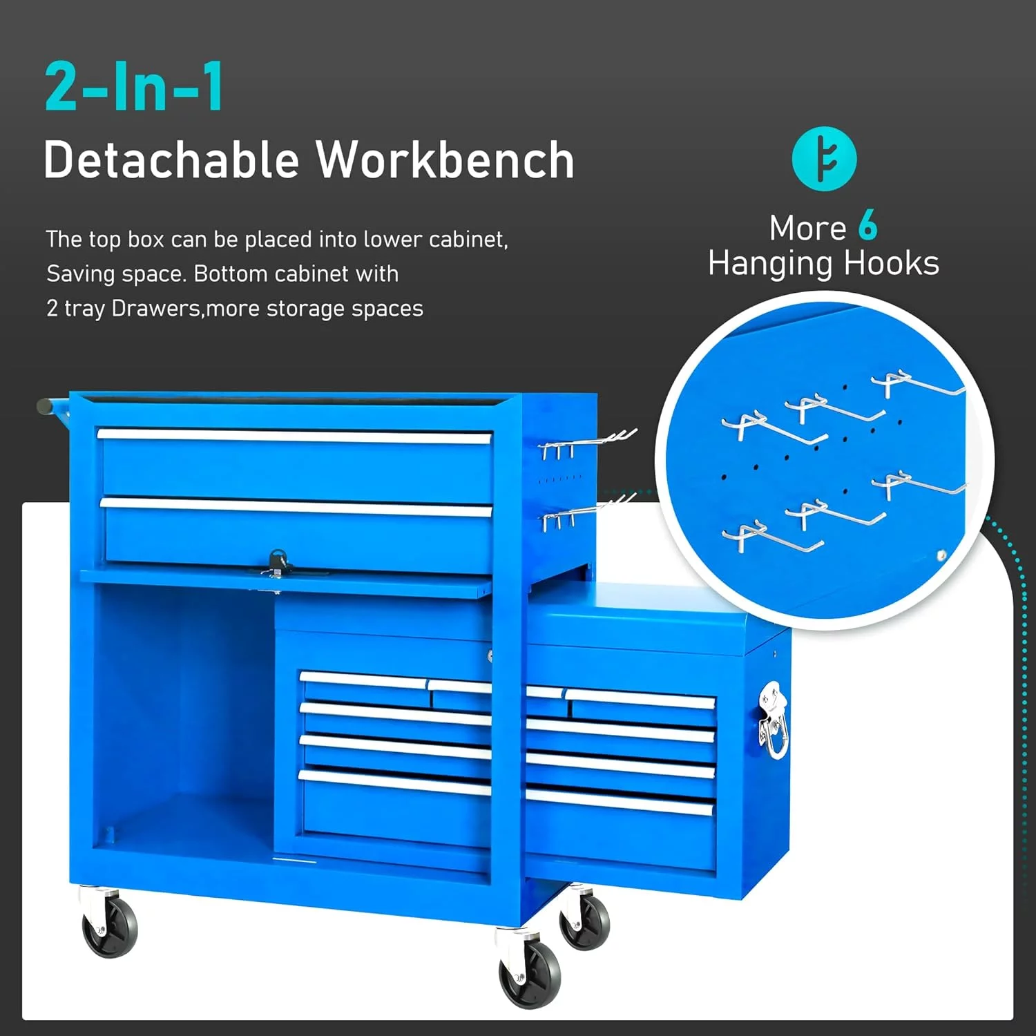 2-IN-1  Tool Chest & Cabinet, Large Capacity 8-Drawer Rolling Tool Box Organizer with Wheels Lockable Craft, Black