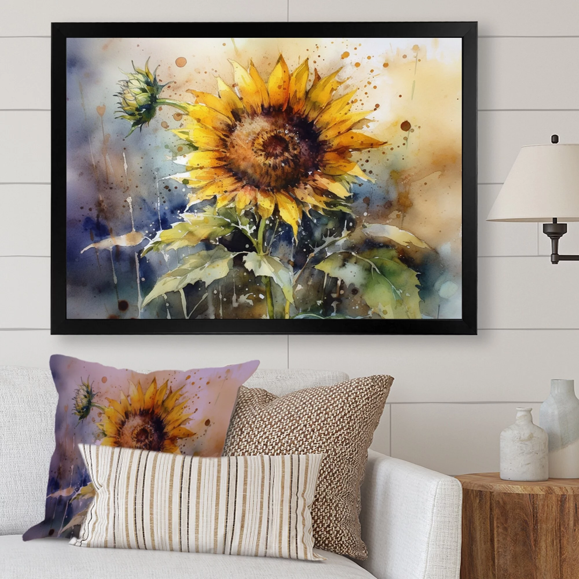 DESIGN ART Designart "Yellow Sunflower Symphony I" Floral Sunflower Framed Canvas Art Print 44 in. wide x 34 in. high - Gold