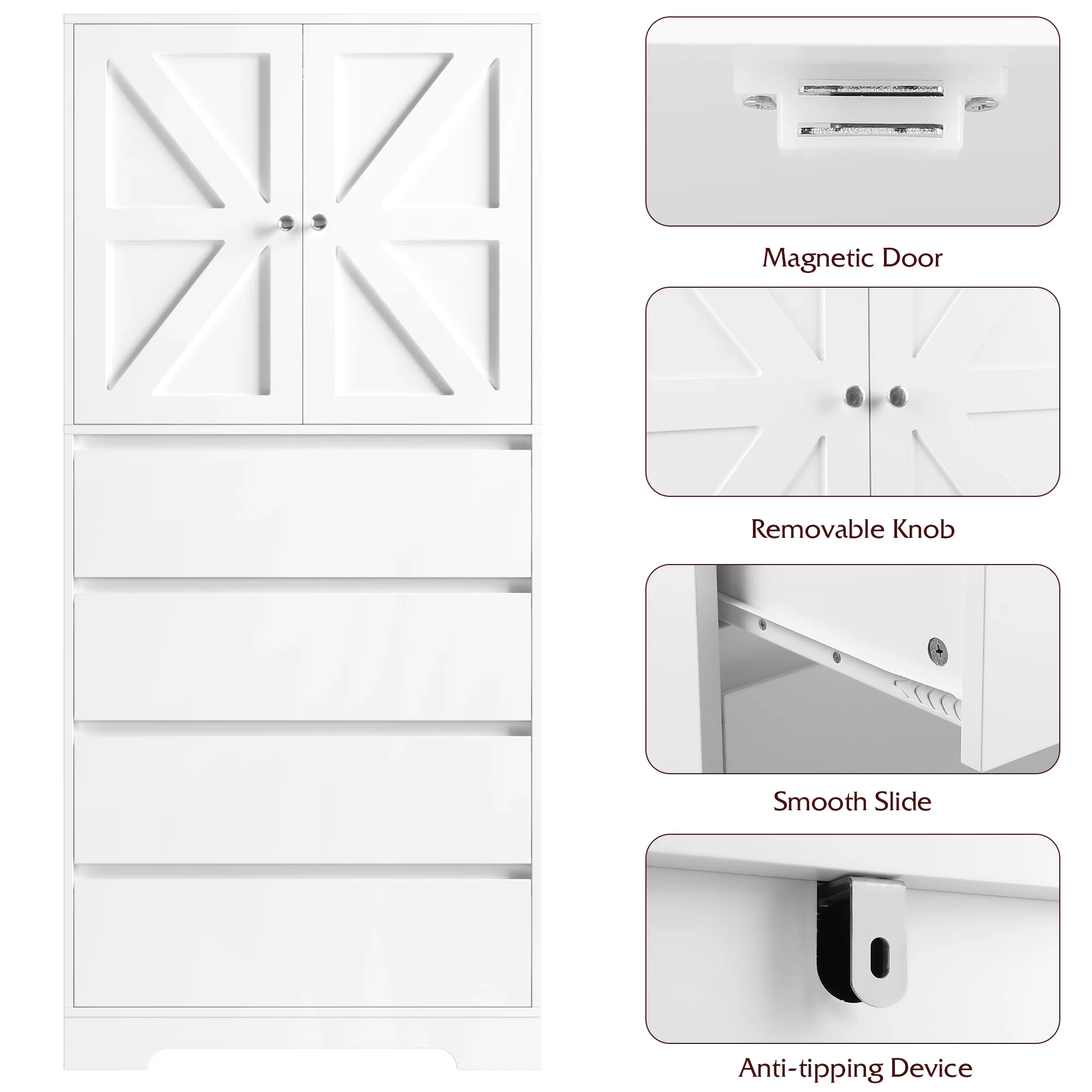 Homfa 64.2'' Tall Farmhouse Kitchen Pantry Storage Cabinet, 4 Drawer Wood Freestanding Storage Cabinet for Home Office Small Spaces, White