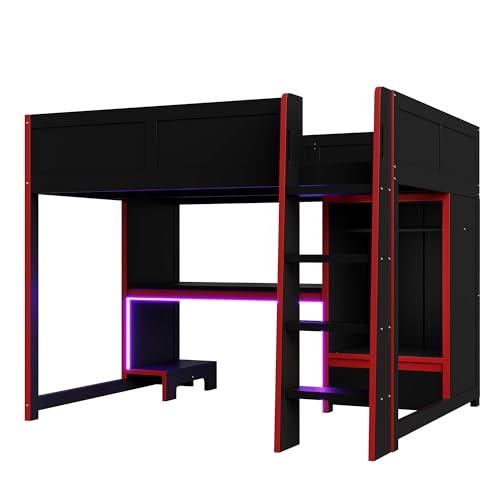 Modern Full Size Gaming Loft Bed with Built-in Desk and Storage Wardrobe, Wood Loft Bed Frame with Light Strip and 2 Drawers